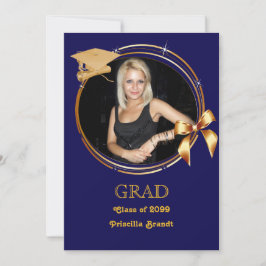 Invitación Graduación, foto, marino, oro, marco, gorra de gra