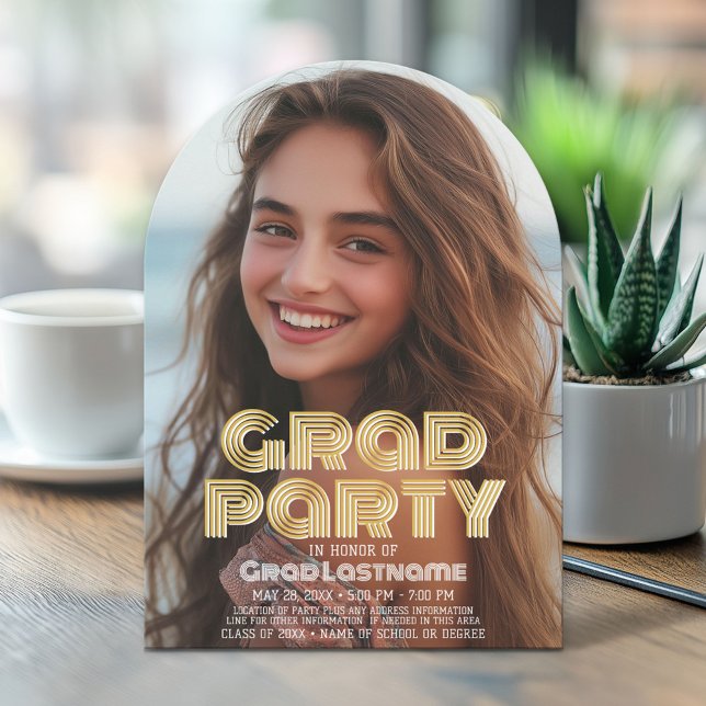 Invitación Graduación Foto vertical - Fiesta Grad Script Gold (Arch Top Graduation Announcement)