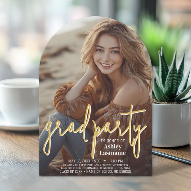 Invitación Graduación Foto vertical - Fiesta Grad Script Gold (Arch Top Graduation Announcement)