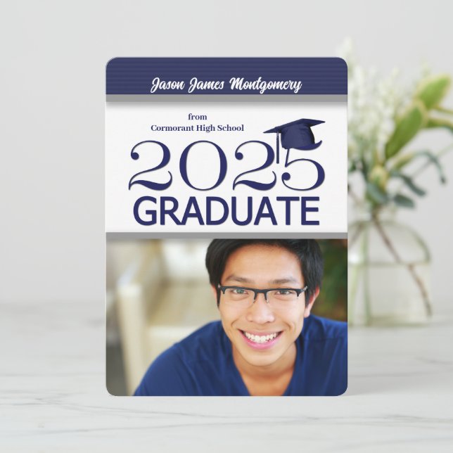 Invitación Graduación fotográfica azul y blanca de la Marina  (Anverso de pie)