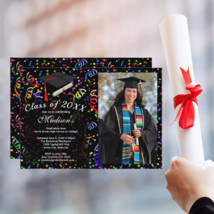 Invitación Graduación fotográfica Black Cap Confetti Clase de