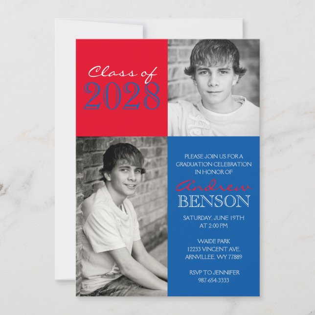 Invitación Graduación fotográfica Blue and Red Classic 2 (Anverso)