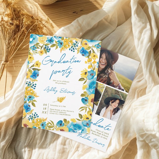 Invitación Graduación fotográfica Boho Floral amarilla y azul (Boho Yellow and Blue Floral 3 Photo Graduation Invitation)