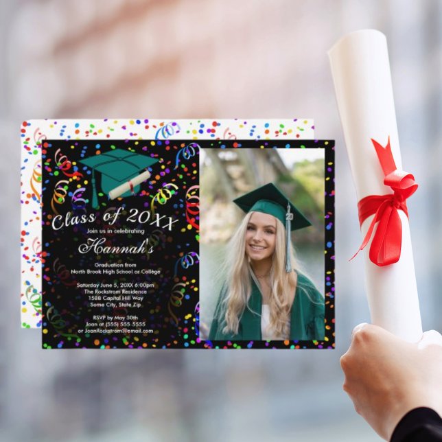 Invitación Graduación fotográfica Clase de Fiesta de Cabo Ver (Photo Graduation Green Cap Confetti Class of Party HZ Invitation)
