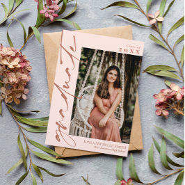 Invitación Graduación fotográfica de caligrafía rosa y bronce