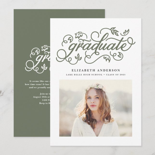 Invitación Graduación fotográfica de caligrafía rusa verde de (Anverso / Reverso)