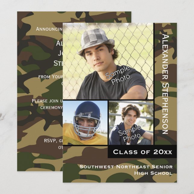 Invitación Graduación fotográfica de Camo Verde Militar 3 (Anverso / Reverso)