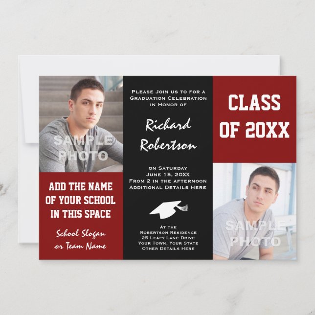 Invitación Graduación fotográfica de colores rojo y negro mar (Anverso)