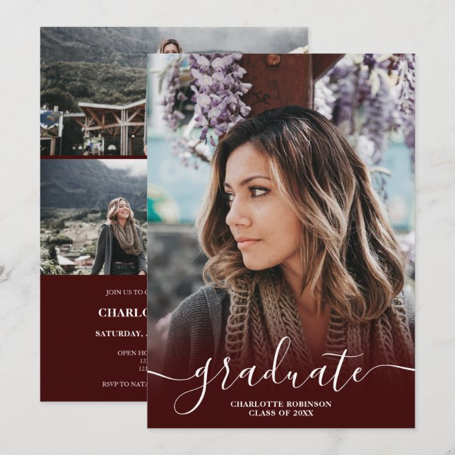 Invitación Graduación fotográfica de escritura roja de Borgoñ (Anverso / Reverso)