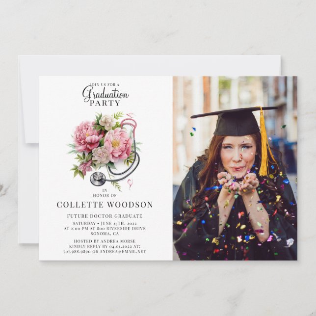 Invitación Graduación fotográfica de estetioscopio floral de  (Anverso)