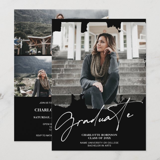 Invitación Graduación fotográfica de Guay white Black (Anverso / Reverso)