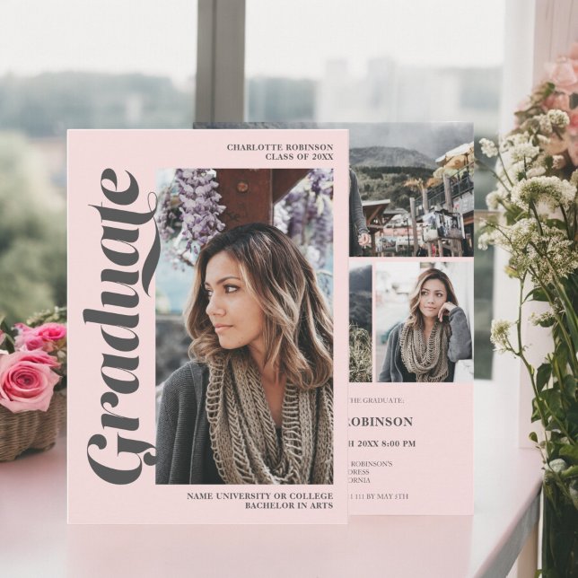 Invitación Graduación fotográfica de guion graduado de Rubor  (Blush pink gray graduate script photo graduation invitation)