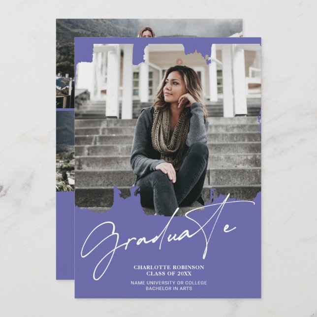 Invitación Graduación fotográfica de guion morado azul de Gua (Anverso / Reverso)