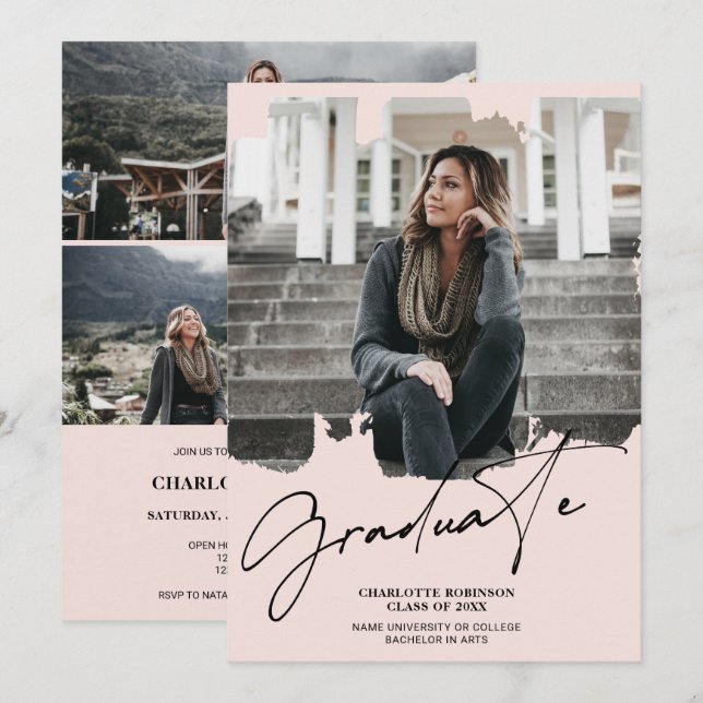 Invitación Graduación fotográfica de guiones de grado rosa y  (Anverso / Reverso)