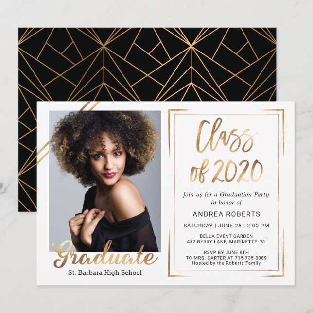Invitación Graduación fotográfica de la clase blanca de oro n (Anverso / Reverso)