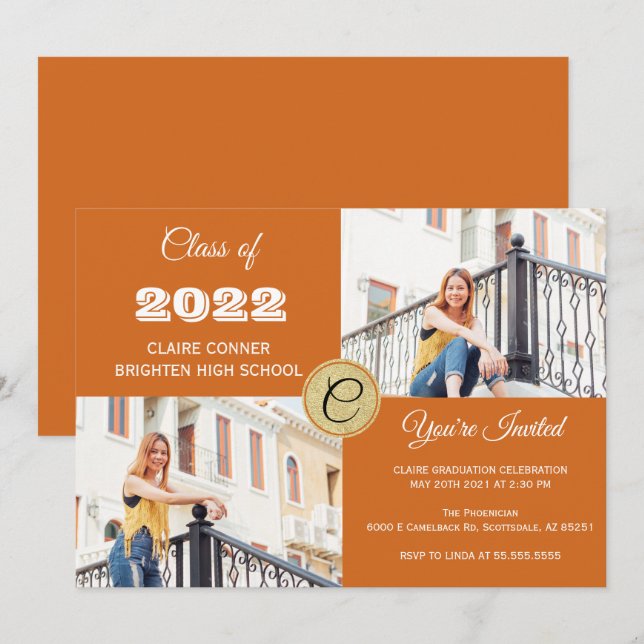 Invitación Graduación fotográfica de monograma naranja (Anverso / Reverso)