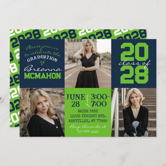 Invitación Graduación fotográfica de Navy Blue & Action Green (Subido por el creador)