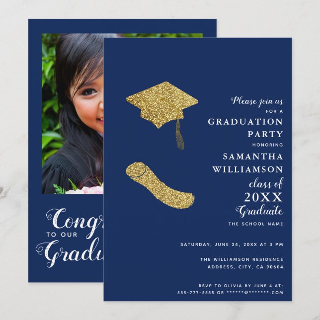 Invitación Graduación fotográfica de oro blanco azul de la Ma (Anverso / Reverso)