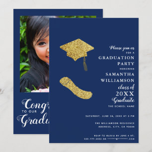 Invitación Graduación fotográfica de oro blanco azul de la Ma
