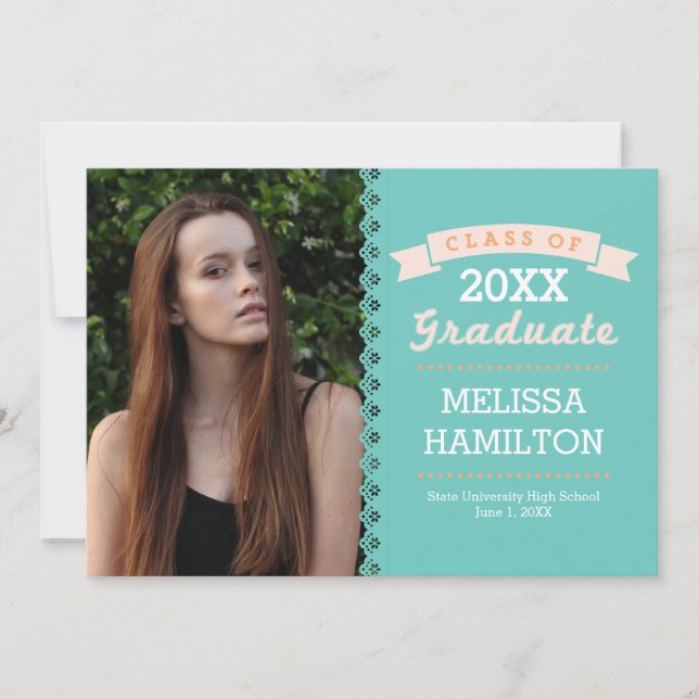 Invitación Graduación fotográfica de tinta y franjas Naranja  (Anverso)