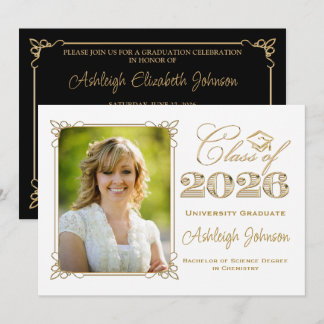 Invitación Graduación fotográfica en negro, blanco y oro de 2