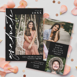 Invitación Graduación fotográfica en negro con caligrafía bla