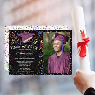 Invitación Graduación fotográfica Grado púrpura Cap Confetti 