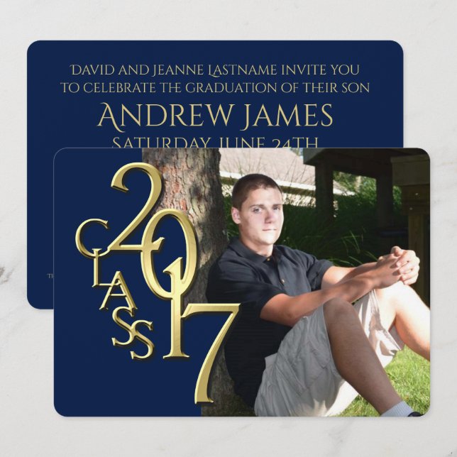 Invitación Graduación fotográfica Midnight Blue y Gold 2017 (Anverso / Reverso)