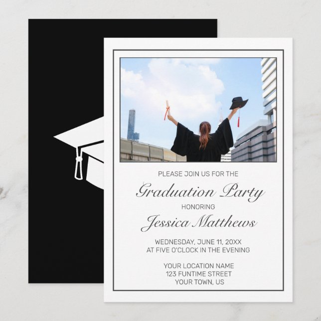 Invitación Graduación fotográfica Minimalista moderno negro b (Anverso / Reverso)