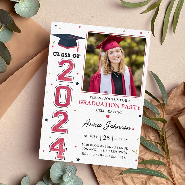 Invitación Graduación fotográfica moderna de grado blanco roj (Subido por el creador)