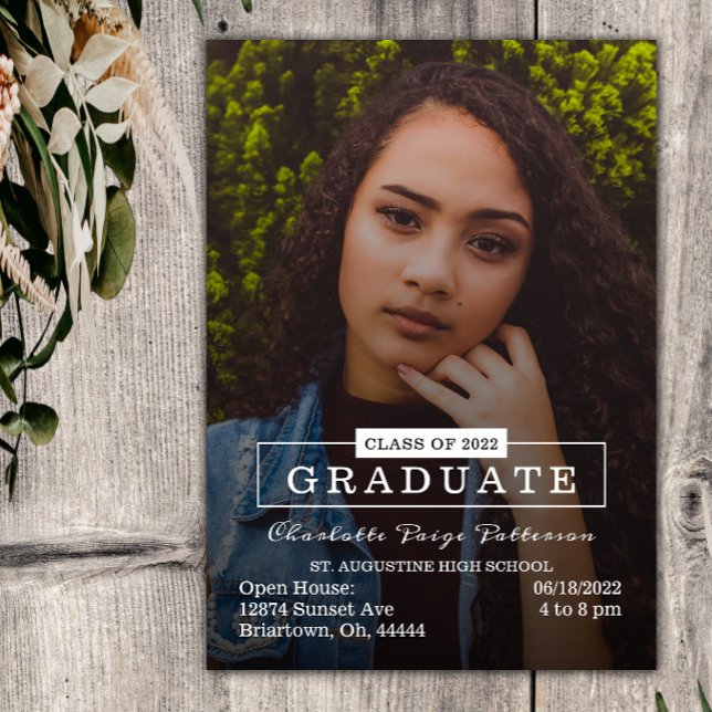 Invitación Graduación fotográfica moderna de tipografía | Bla (White Modern Typography Photo Graduation Party Invitation)