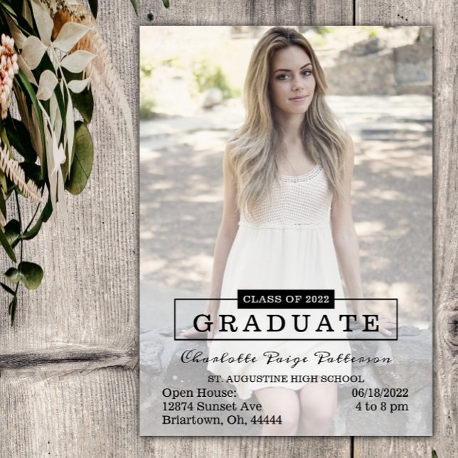 Invitación Graduación fotográfica moderna de tipografía | Neg (Black Modern Typography Photo Graduation Party Invitation)
