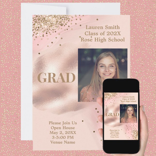 Invitación Graduación fotográfica Purpurina de oro rosa pálid (Subido por el creador)