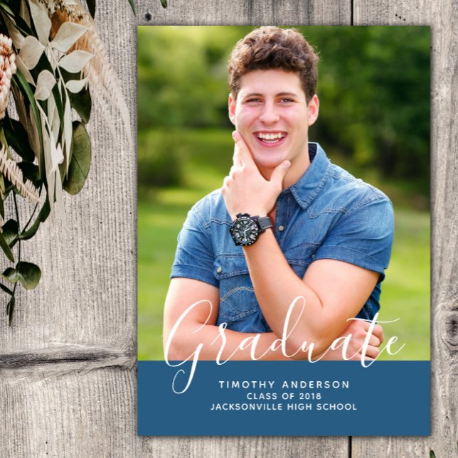 Invitación Graduación fotográfica simple y elegante vertical  (Blue Simple Elegant Photo Graduation Vertical Announcement)