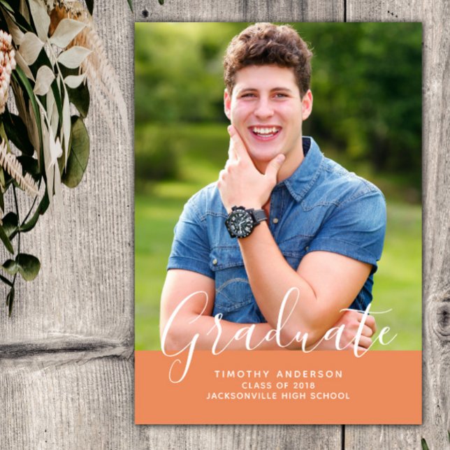 Invitación Graduación fotográfica simple y elegante vertical  (Orange Simple Elegant Photo Graduation Vertical Announcement)