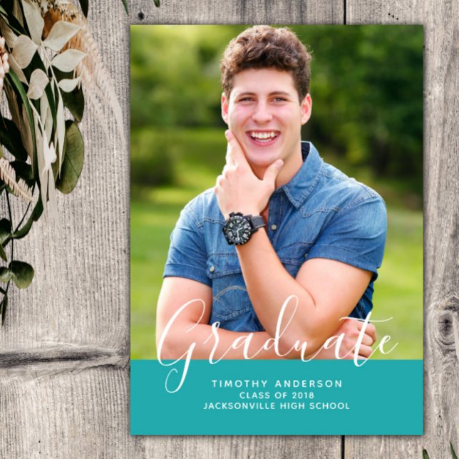 Invitación Graduación fotográfica simple y elegante vertical  (Teal Simple Elegant Photo Graduation Vertical Announcement)