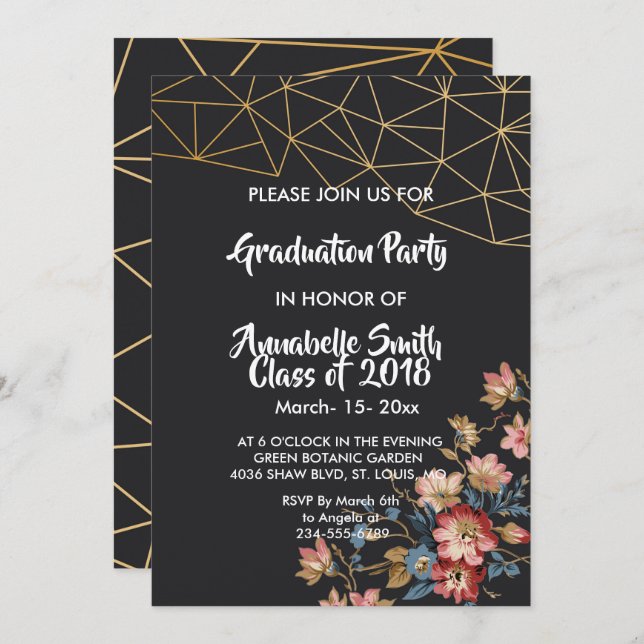 Invitación Graduación geométrica de oro (Anverso / Reverso)