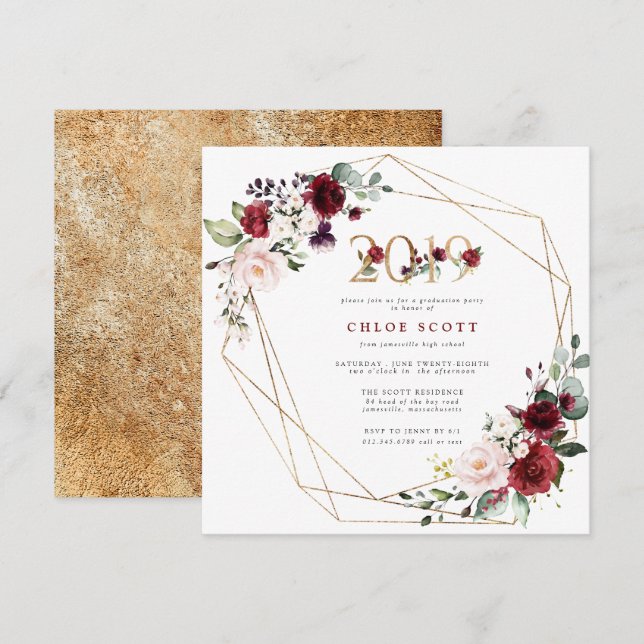 Invitación Graduación geométrica de oro floral púrpura rojo (Anverso / Reverso)