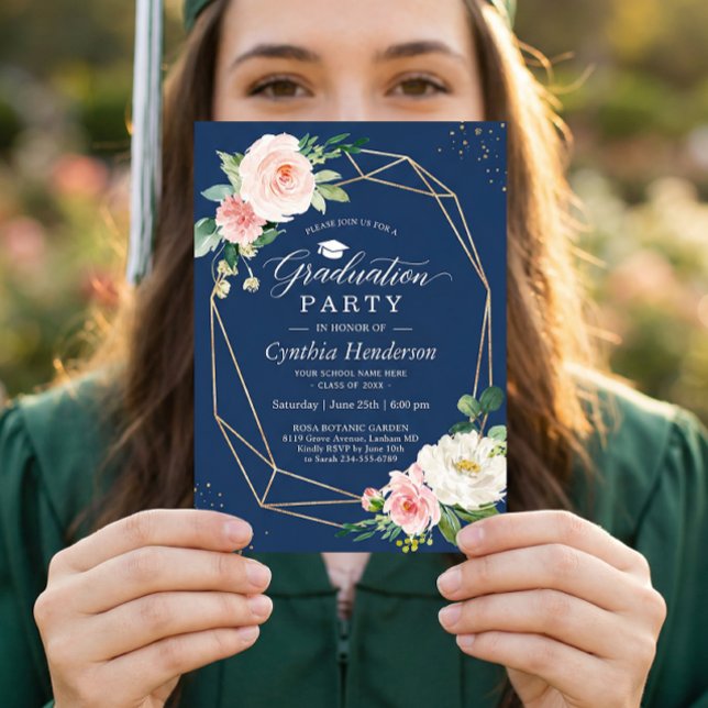 Invitación Graduación geométrica floral rosa Rubor azul marin (Subido por el creador)