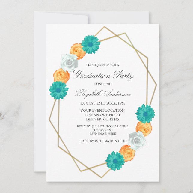 Invitación Graduación geométrica floral Verde azulada naranja (Anverso)
