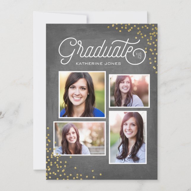 Invitación Graduación glamorosa de 4 Collages de fotos (Anverso)