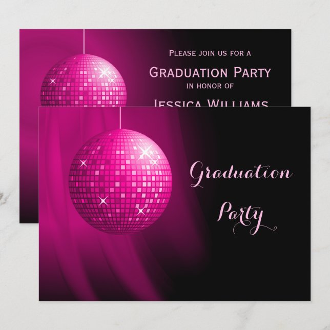 Invitación Graduación glamorosa Fiesta Rosa Disco Ball (Anverso / Reverso)