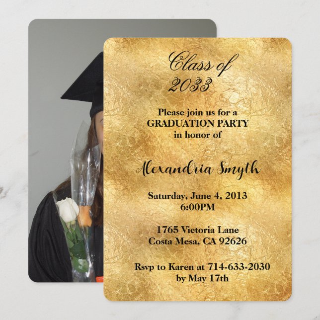 Invitación Graduación Gold Glam Tu Foto (Anverso / Reverso)