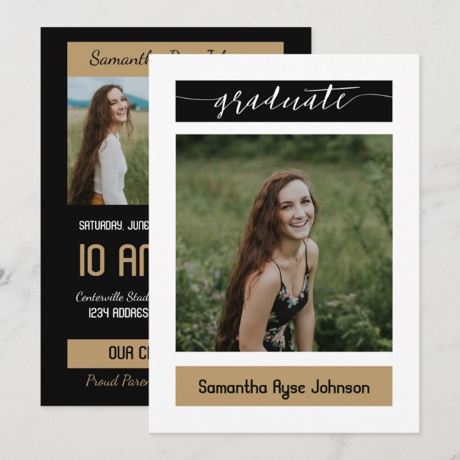 Invitación Graduación Gold Modern Block 3-Photo (Anverso / Reverso)