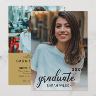 Invitación Graduación Gold Modern Script Dos Fotos Manejadas 