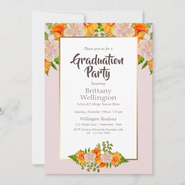 Invitación Graduación Gold Naranja Rosa Rubor Fiesta Floral (Anverso)