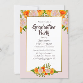 Invitación Graduación Gold Naranja Rosa Rubor Fiesta Floral