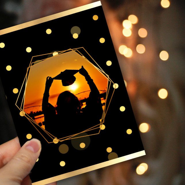 Invitación Graduación Golden Sunset (#graduationsunset #zazzlemade #addphoto #classof2025 #blackandgold #luxury #romantic)