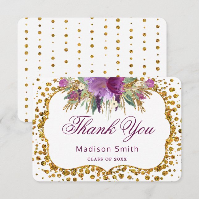 Invitación Graduación Gracias Purpurina Floral Gold Confetti (Anverso / Reverso)