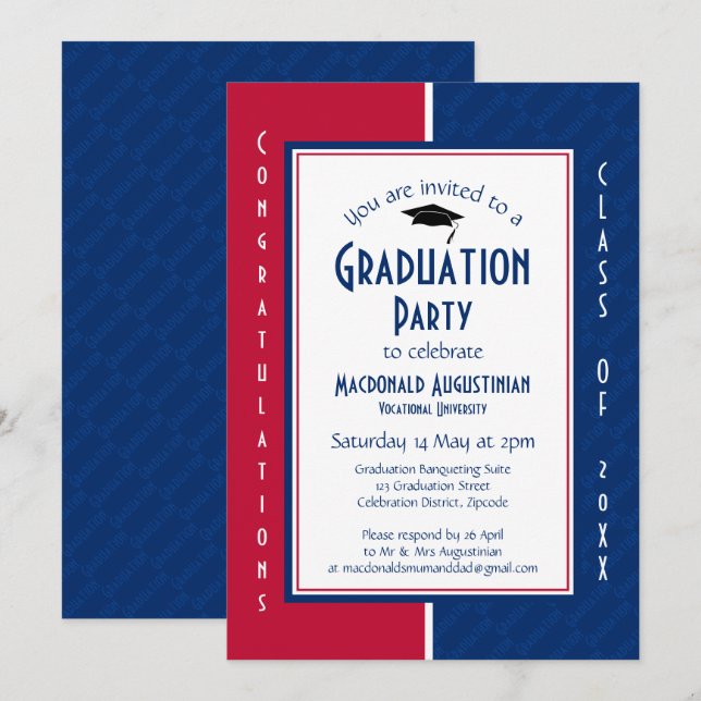 Invitación GRADUACIÓN Graduado personalizado de azul blanco r (Anverso / Reverso)